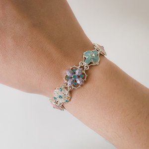 Napier Silver Tone Pastel Pink Blue Enamel Rhinestone Art Deco Chain Bracelet